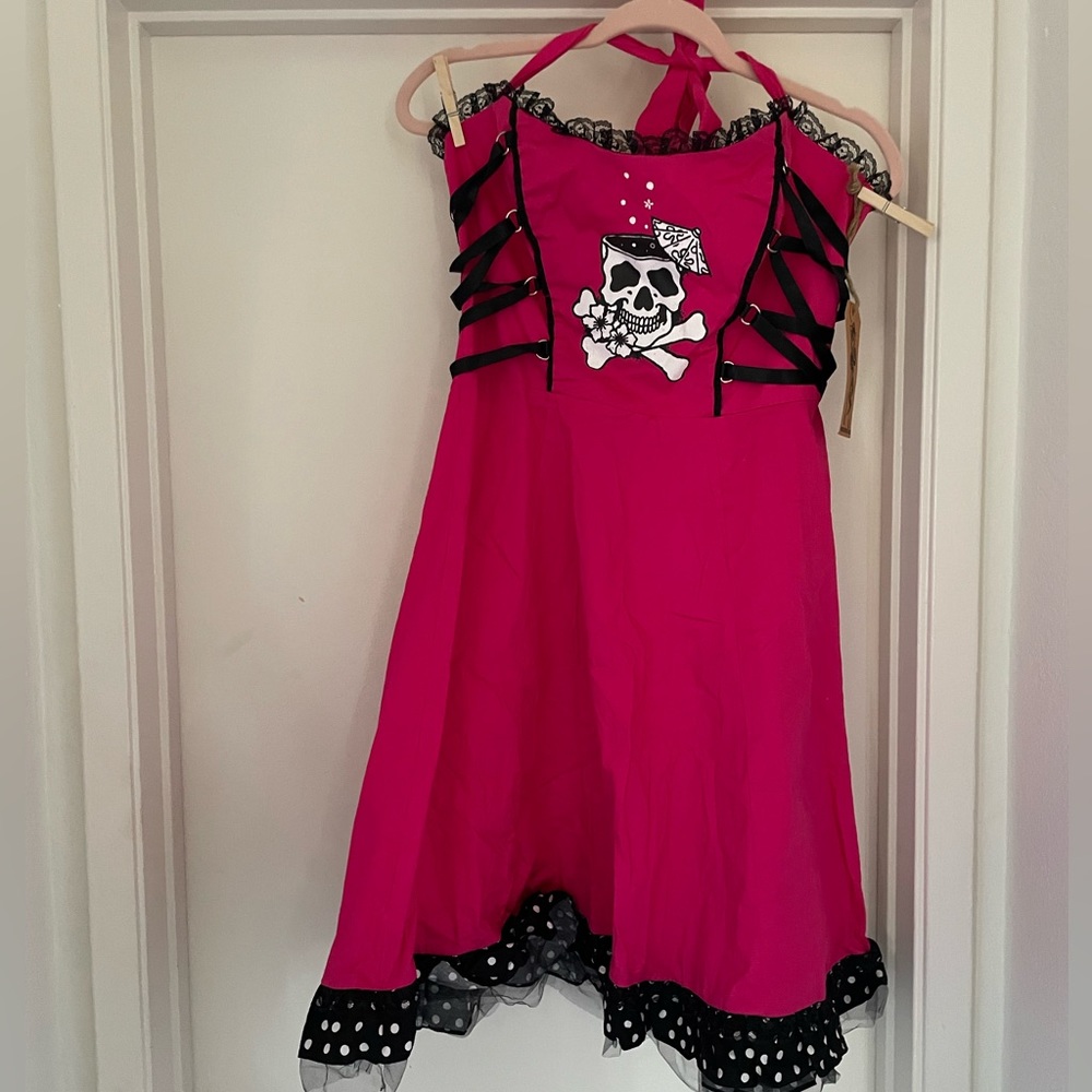 Hot pink Lucky 13 Corset Dress with Tiki Cocktail Skull print!